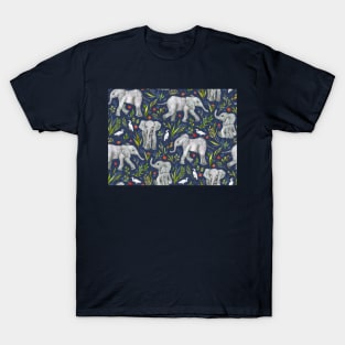 Baby Elephants and Egrets in Watercolor - navy blue T-Shirt